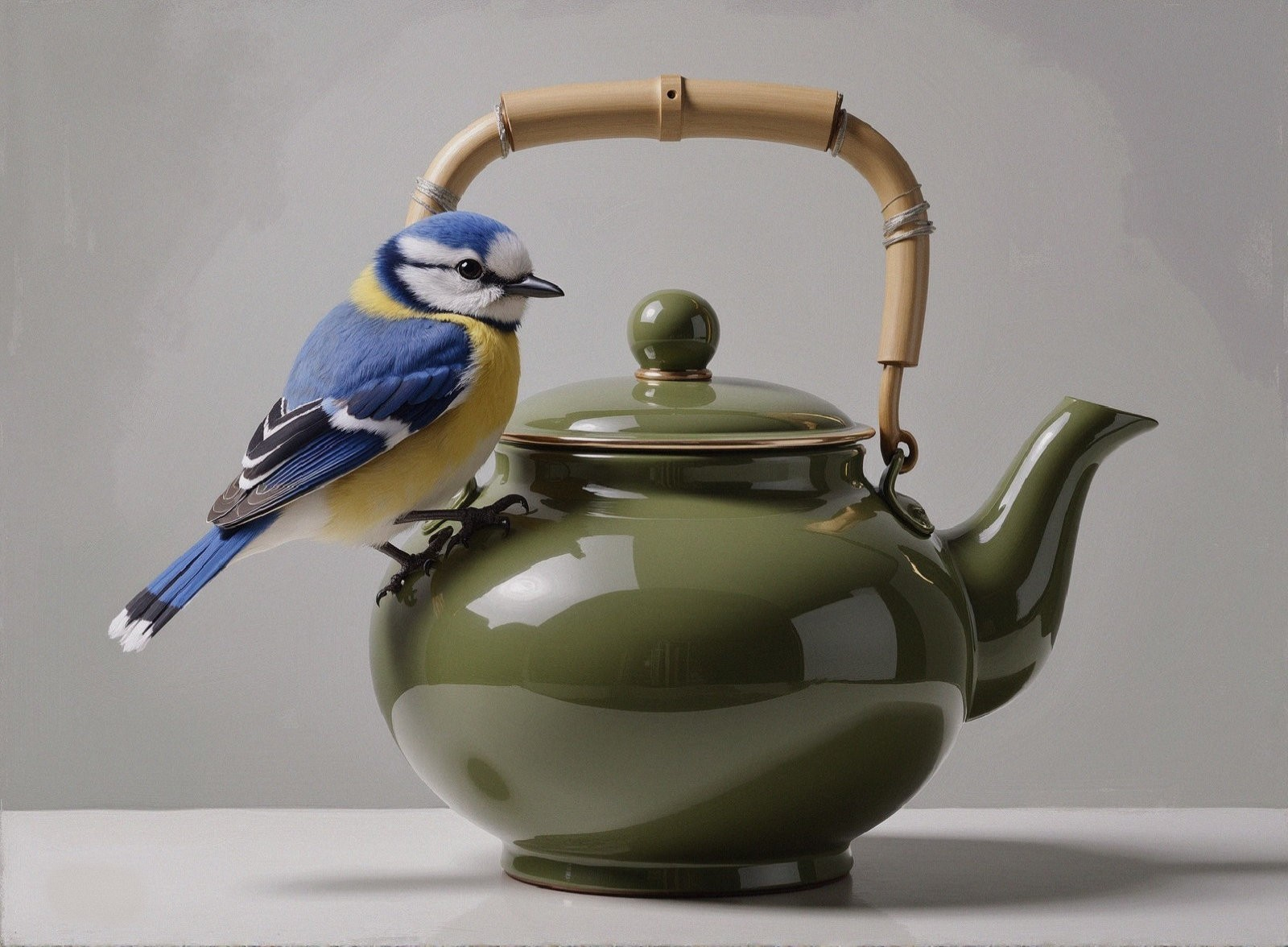 Blue and Yellow Bird on Olive-Green Teapot