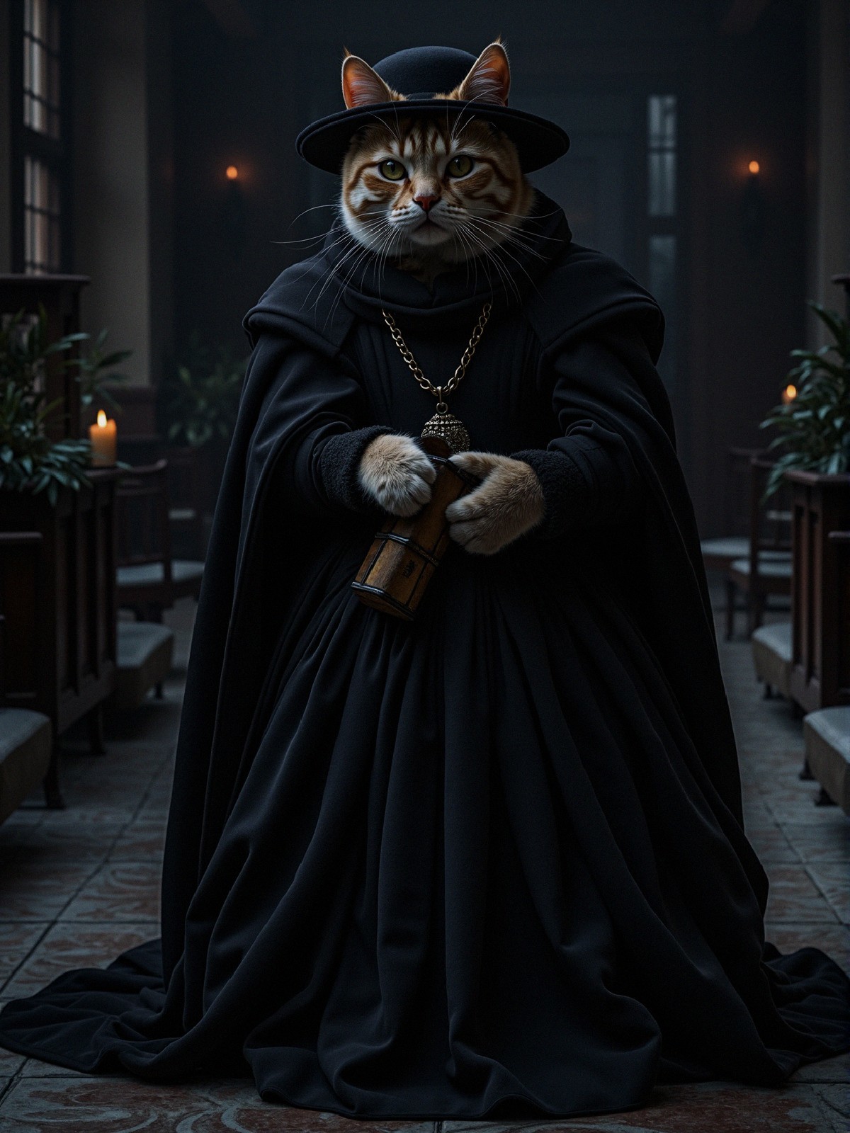 Regal Cat in Gothic Setting with Lantern and Robe