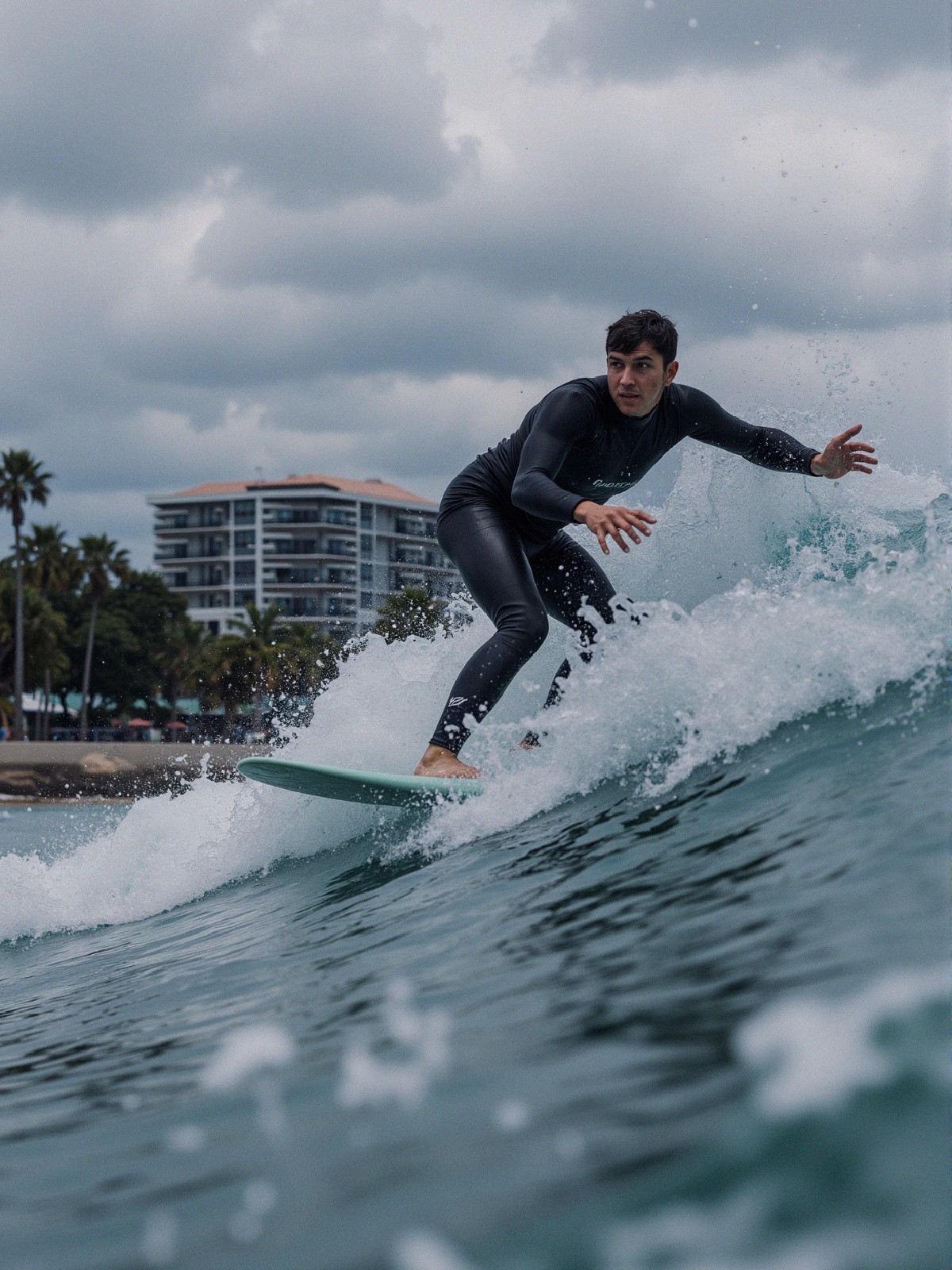 Surfer Riding a Wave in Coastal Scene with Palm Trees