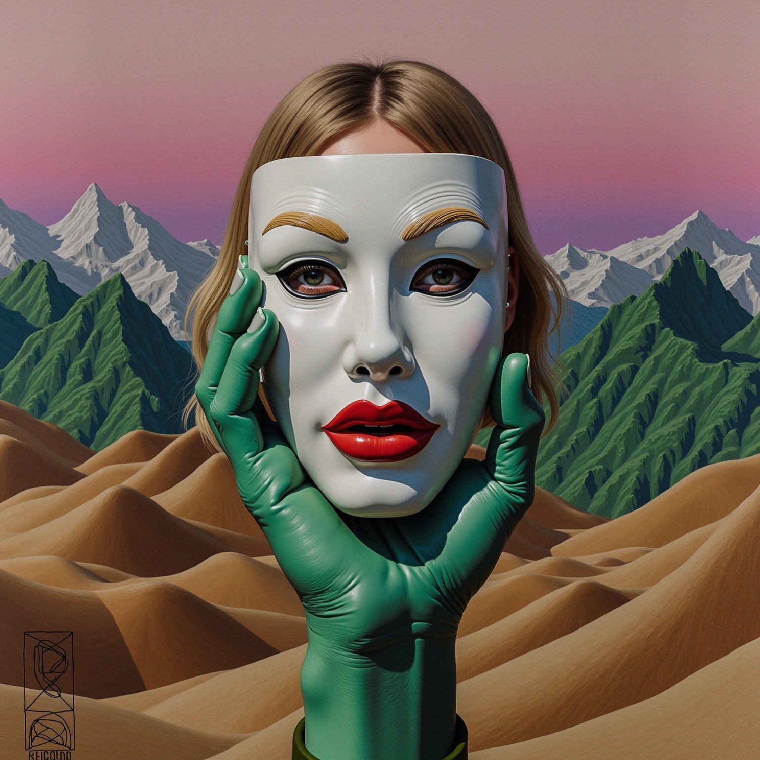 Surreal Artwork of Humanoid with Faceless Mask and Landscape