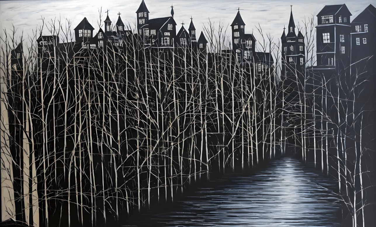 Gothic Landscape with Dark Trees and Reflective Water