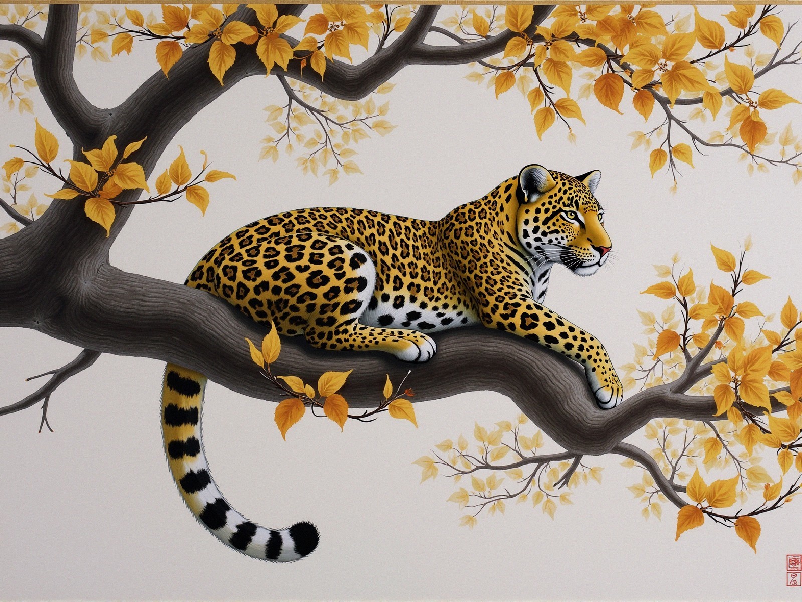 Leopard on Tree Branch Amid Autumn Leaves