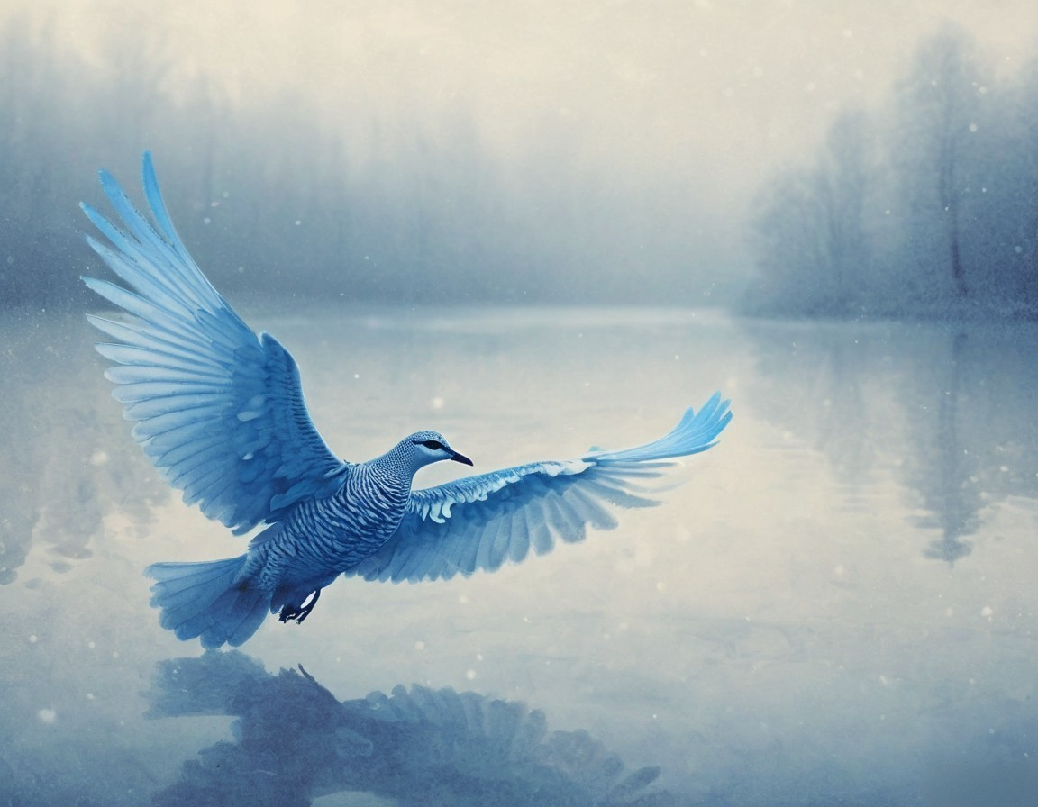 Majestic Blue Bird in Flight Over Misty Lake