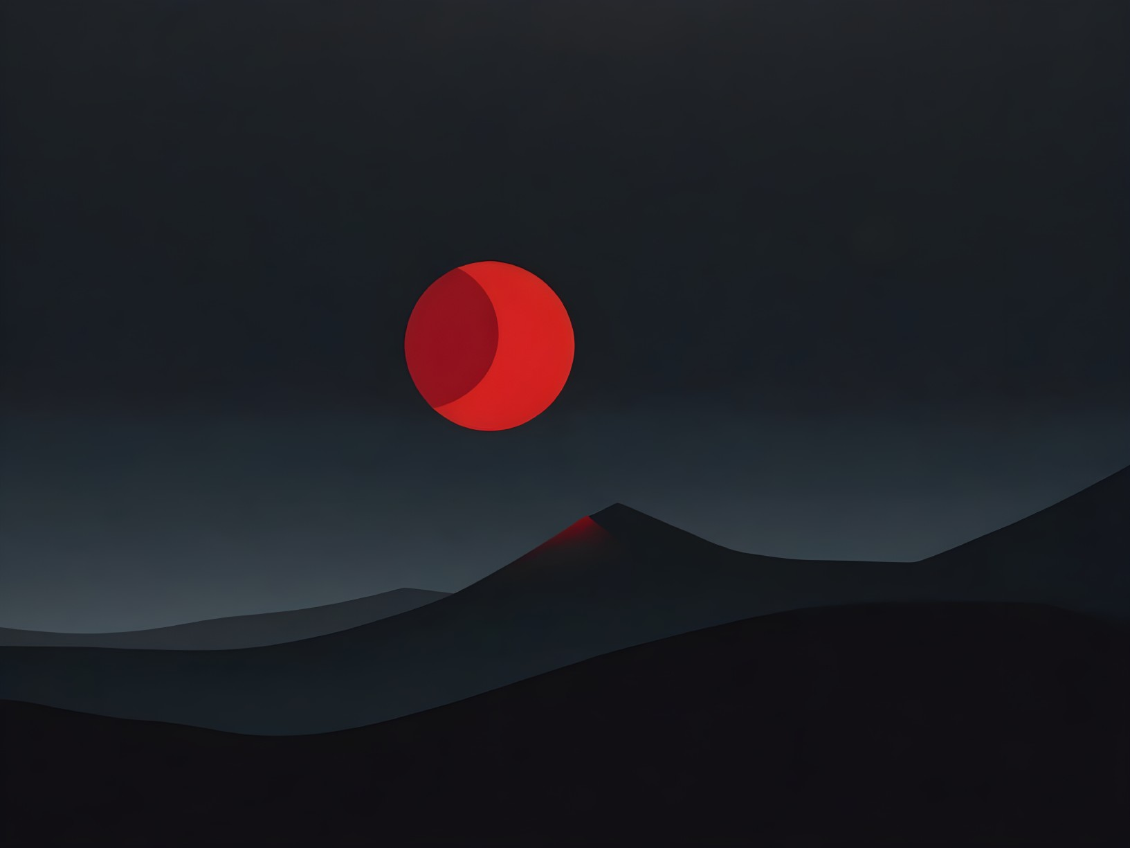 Dusk Landscape with Red Circle and Dark Hills