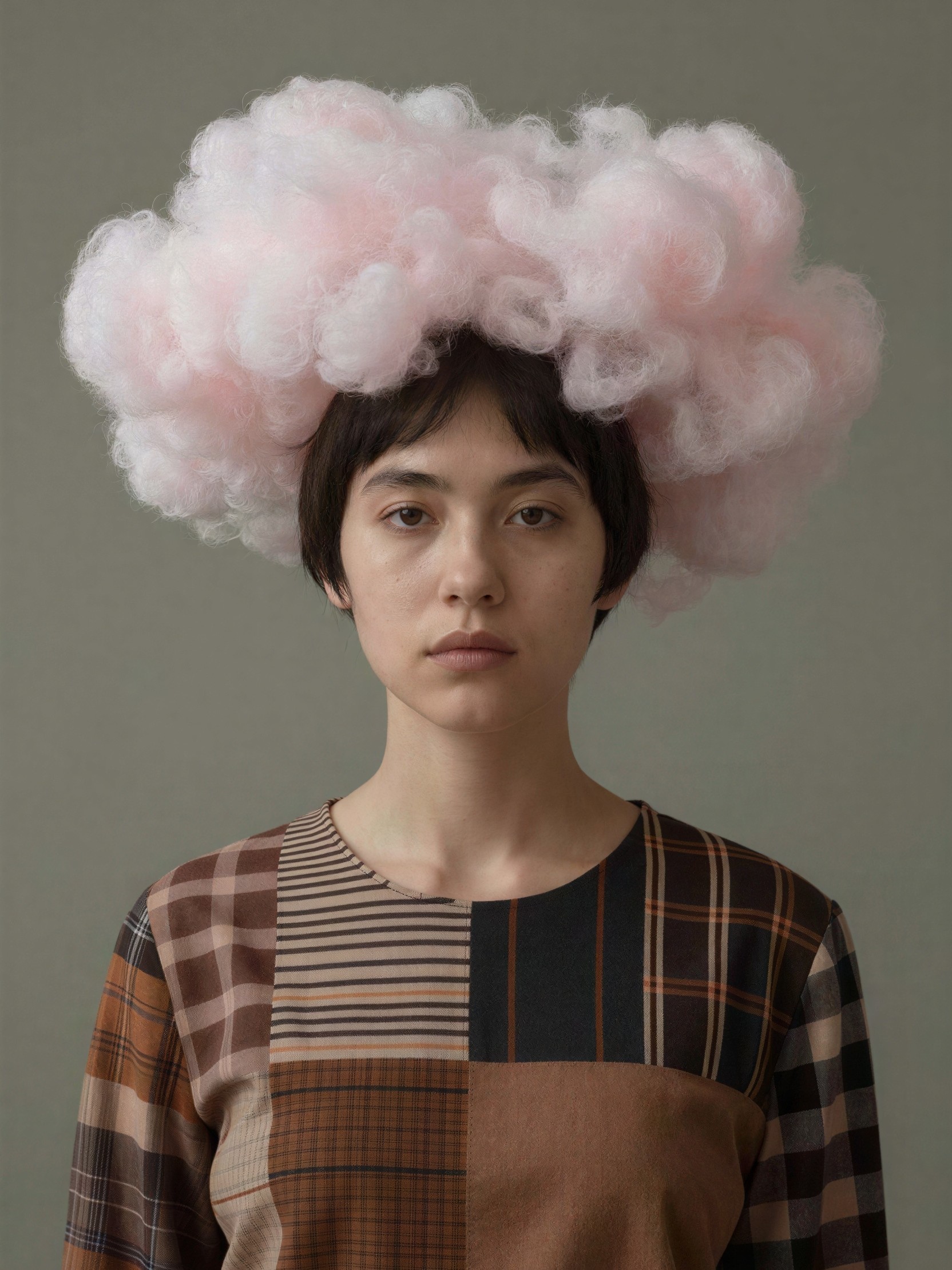 Close-up portrait of a woman in a pink headpiece