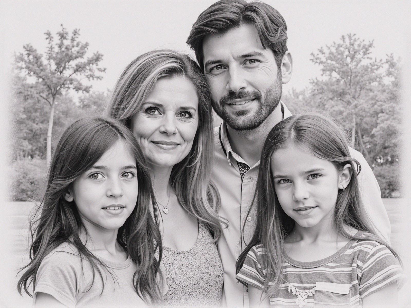 Black-and-white family portrait with parents and daughters