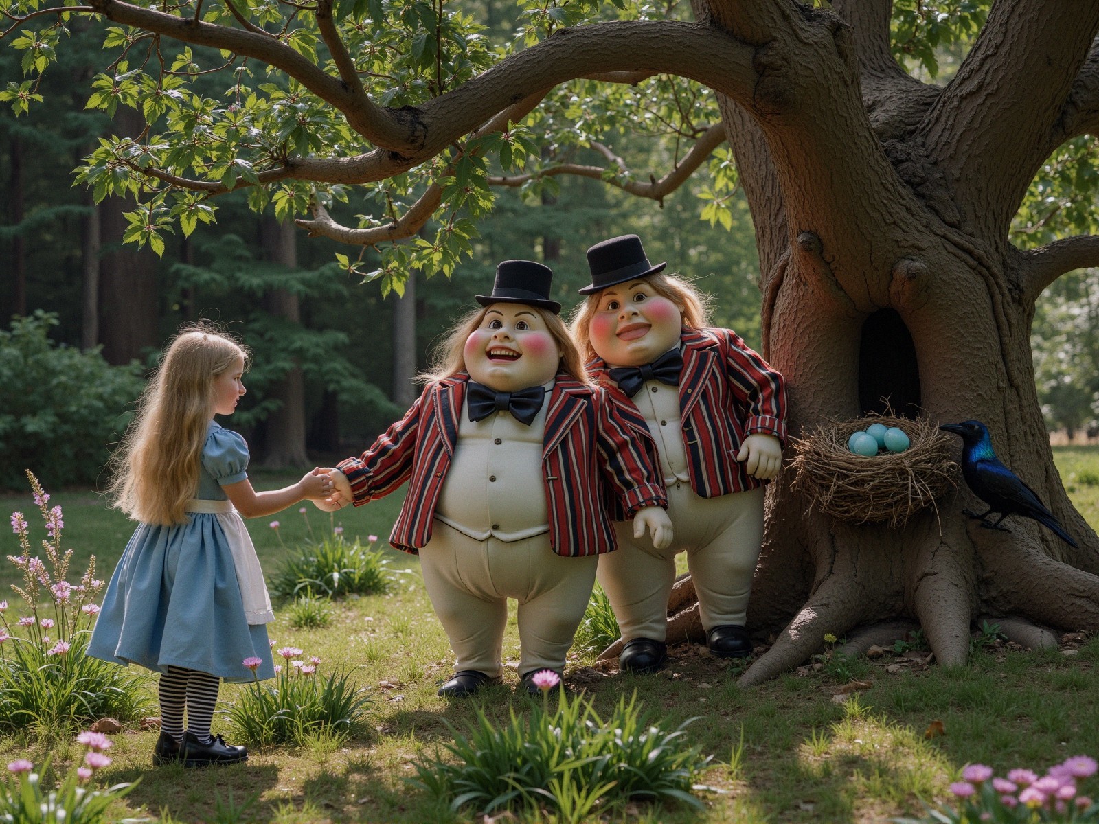 Whimsical Forest Scene with Colorful Characters and Nature