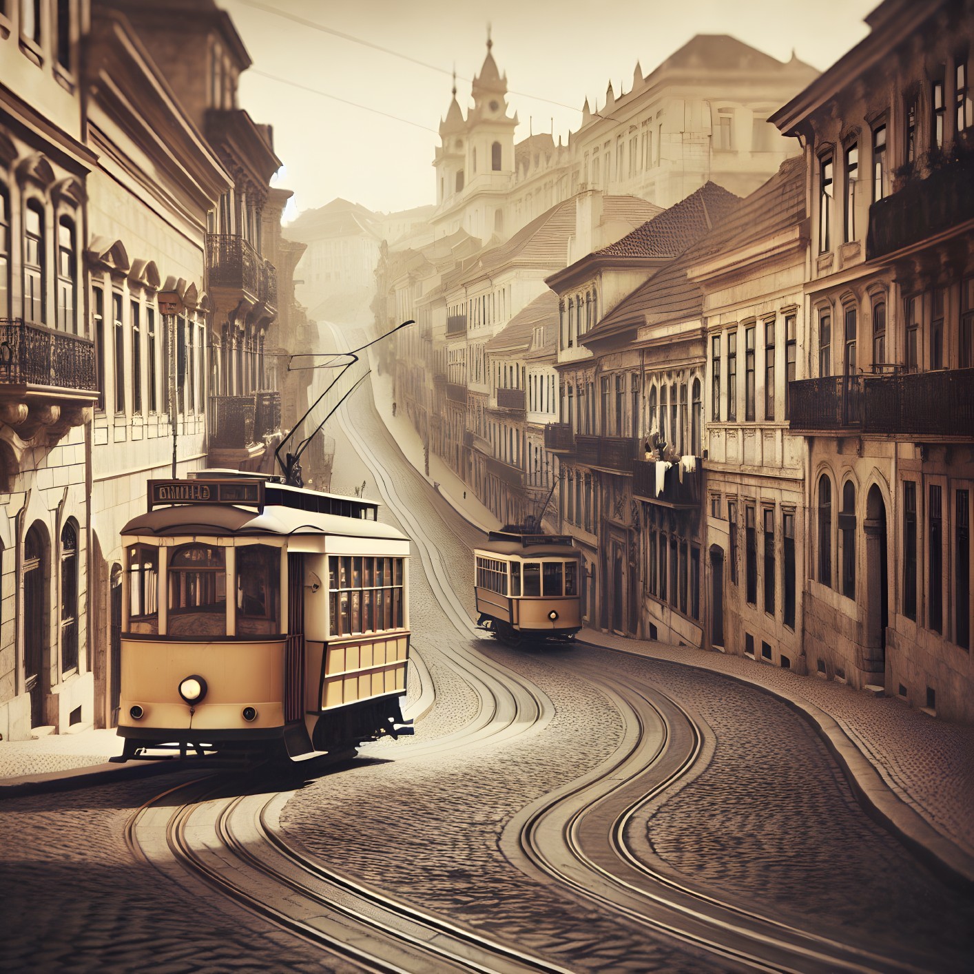 Vintage Street Scene with Trams and Cobblestone Road