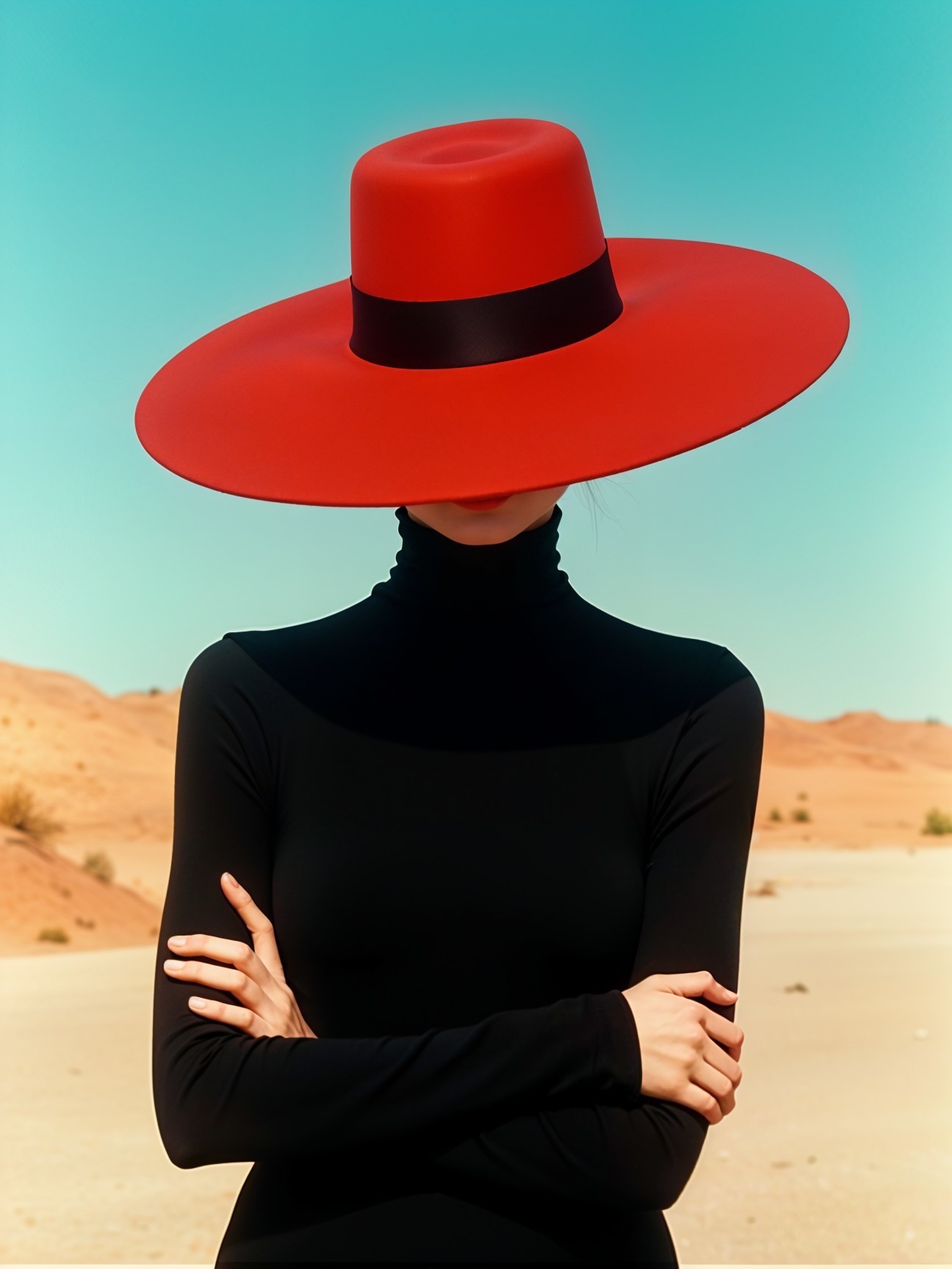 Figure in Desert with Black Turtleneck and Red Hat
