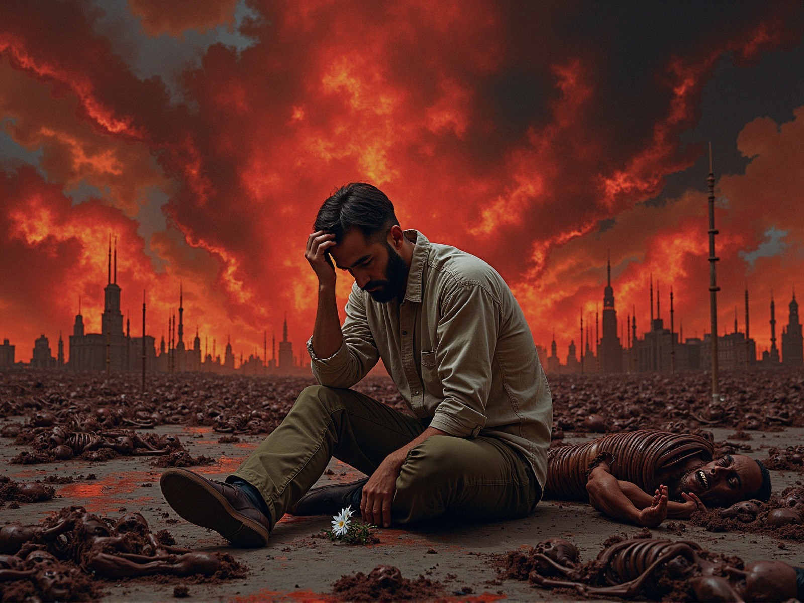Post-Apocalyptic Scene with Somber Man and Daisy