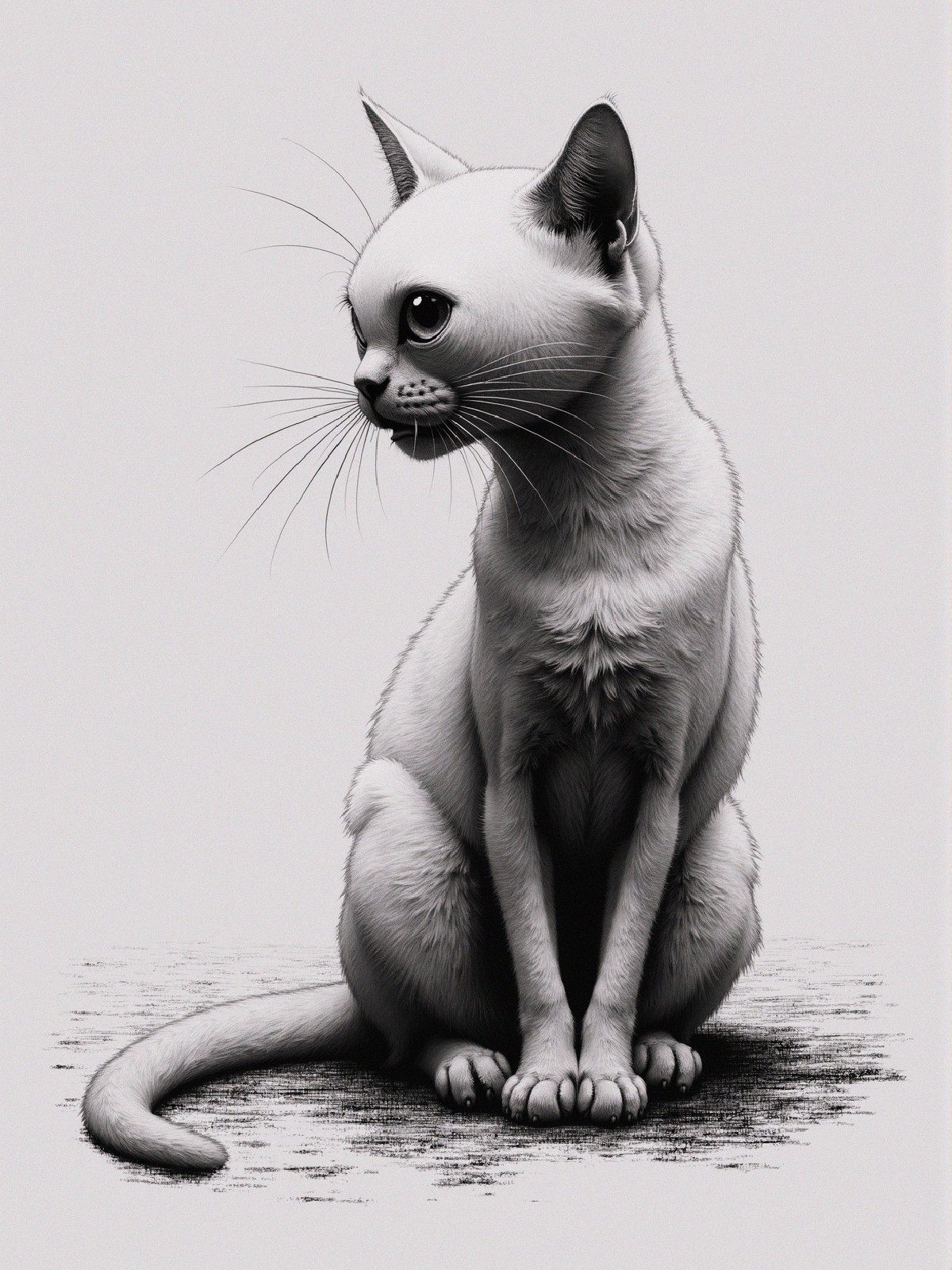 Black-and-white illustration of a detailed cat