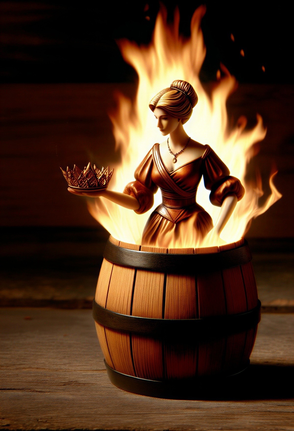 Wooden Barrel with Flames and Stylized Woman Figure