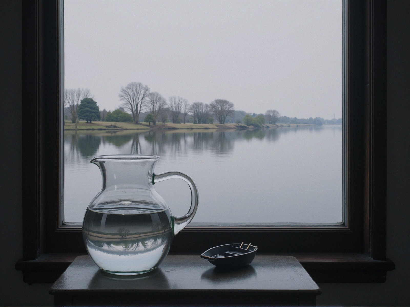 Tranquil Lake View Through Window with Glass Pitcher
