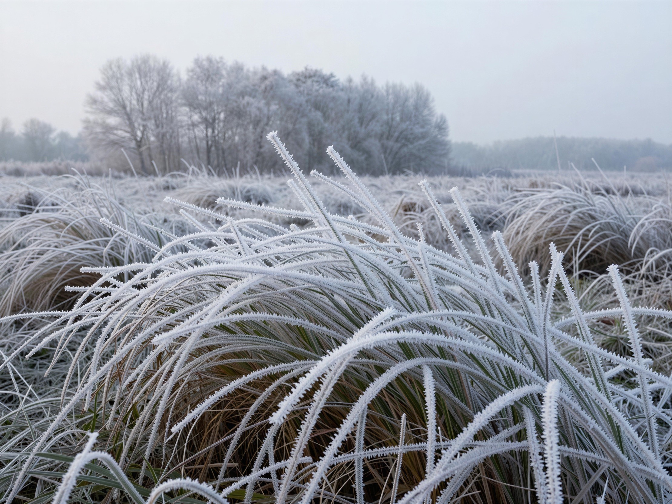 Frosted Grass Landscape with Bare Trees and Grey Sky