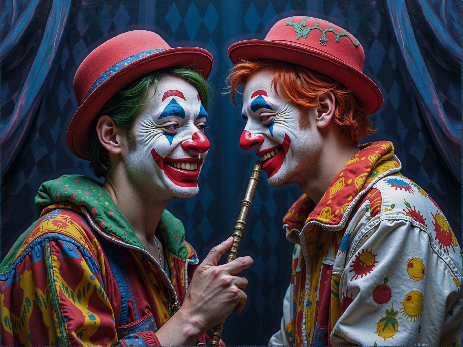 Clowns with Colorful Hair and Playful Outfits