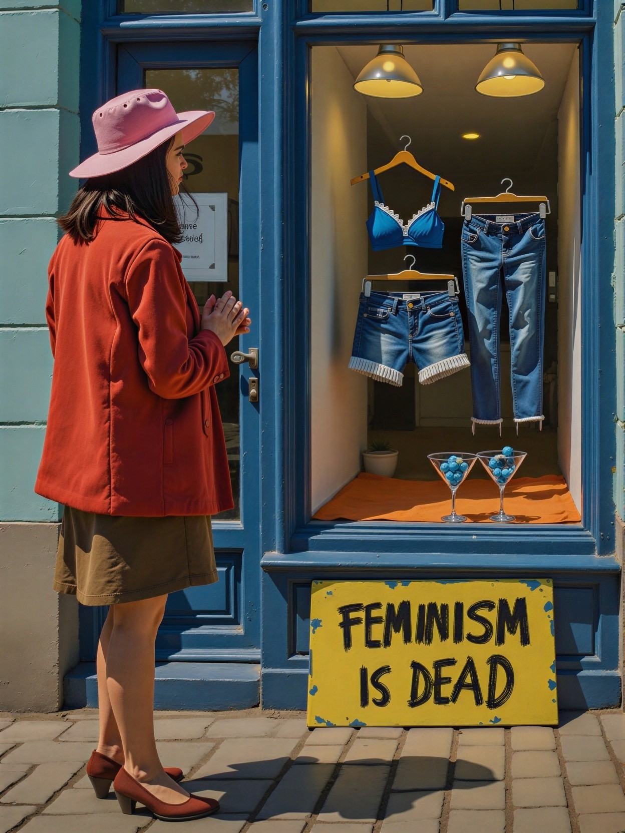 Woman Observes Boutique Display with Bold Message