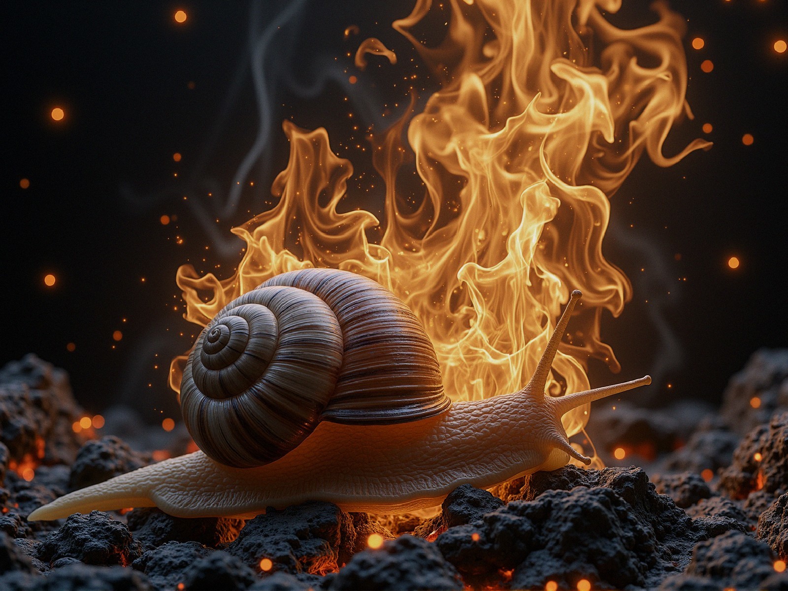 Giant Snail on Volcanic Rock Surrounded by Flames