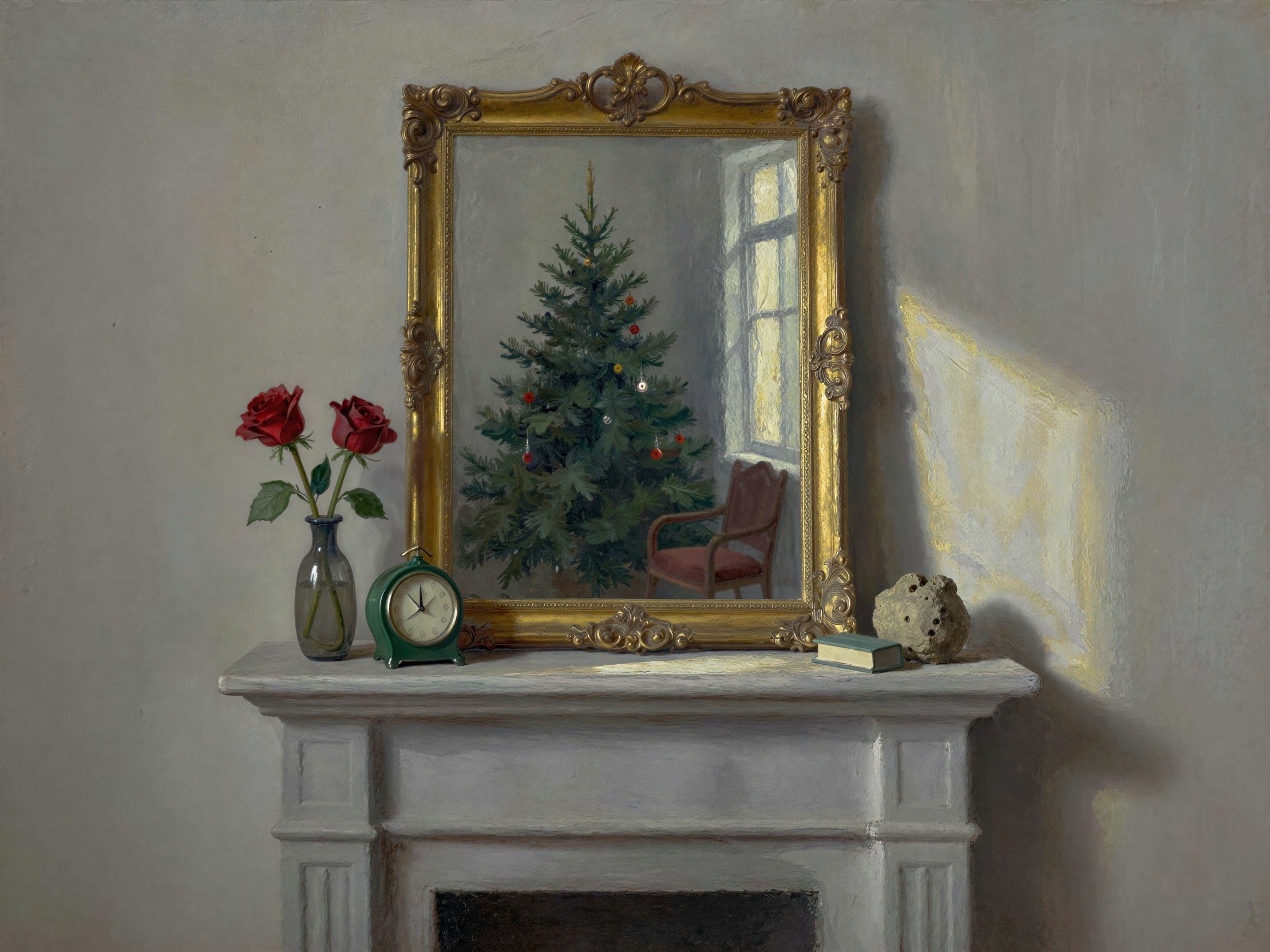 Still Life Oil Painting of Fireplace Mantle Decor