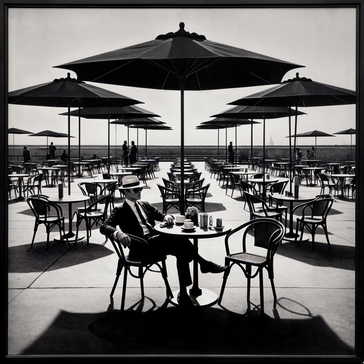 Monochromatic Scene of a Man at an Umbrella Table