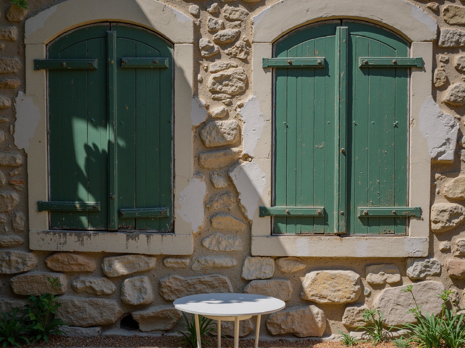 Rustic stone wall with arched green wooden shutters