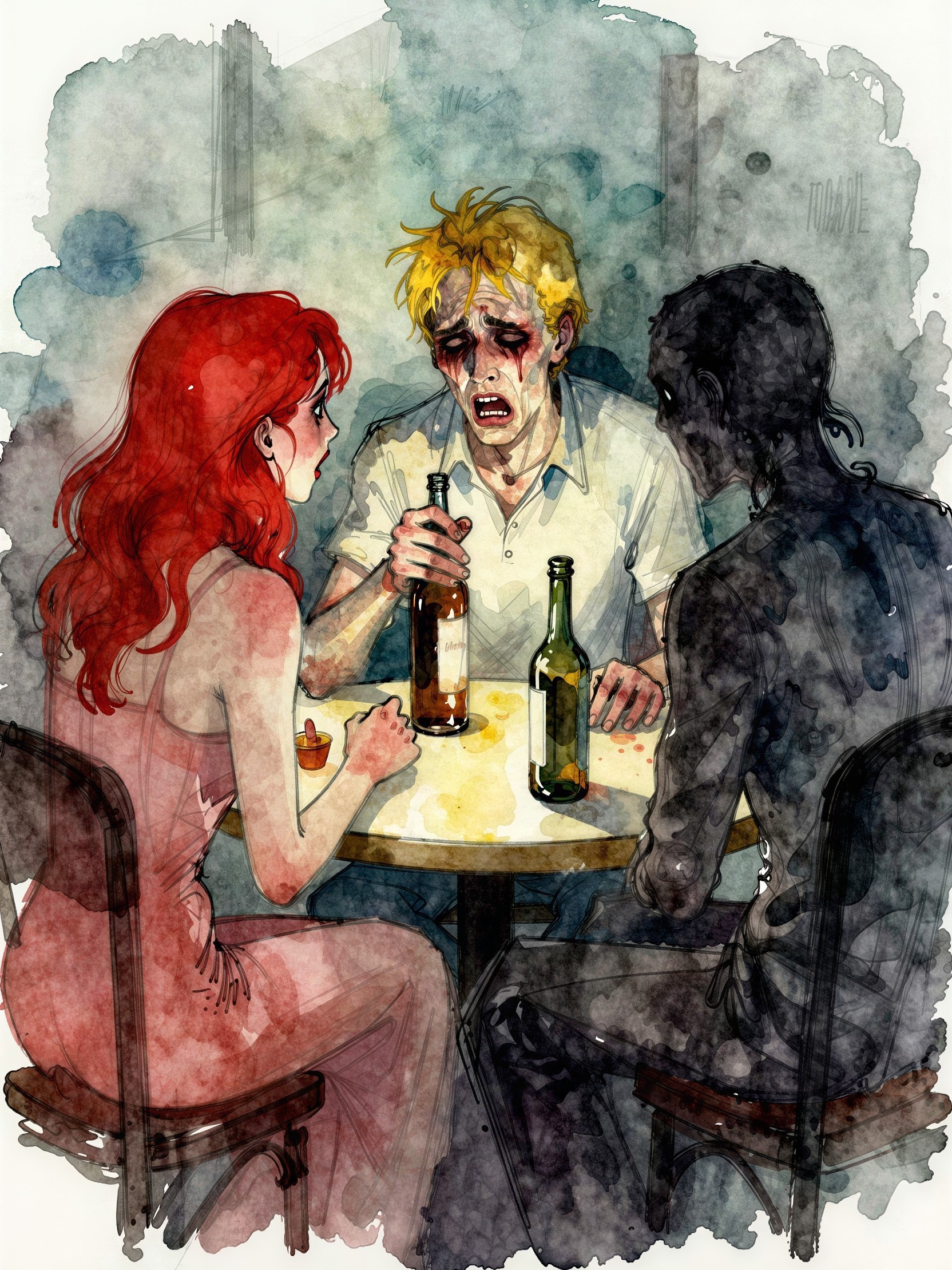 Three Individuals at a Round Table in Dark Setting