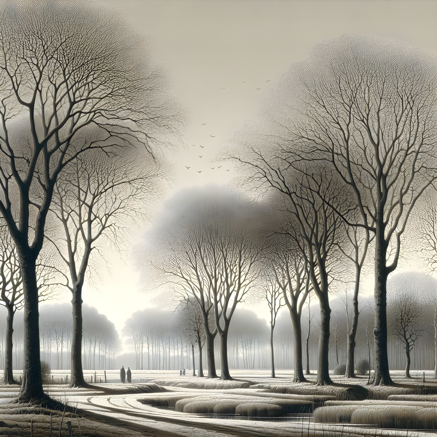 Foggy Landscape with Bare Trees and Winding Path
