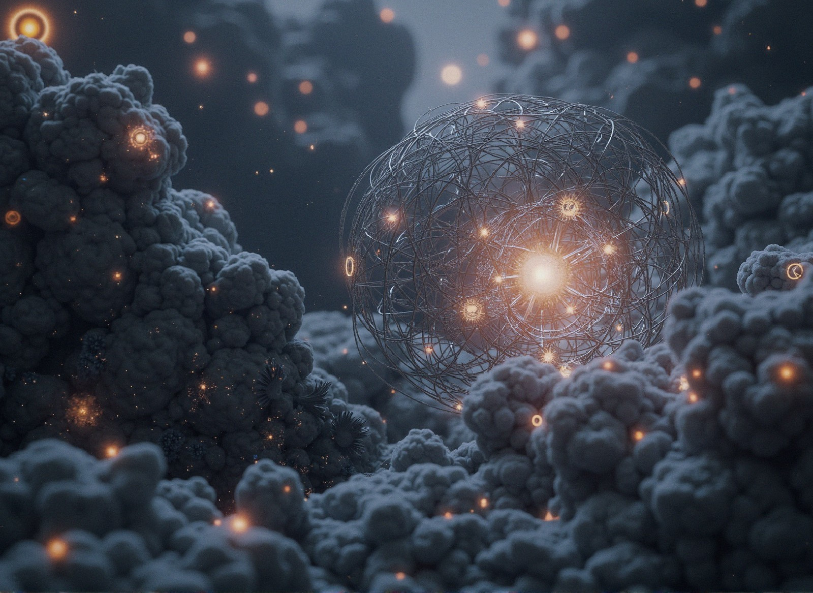 Cosmic Scene with Glowing Sphere and Ethereal Clouds