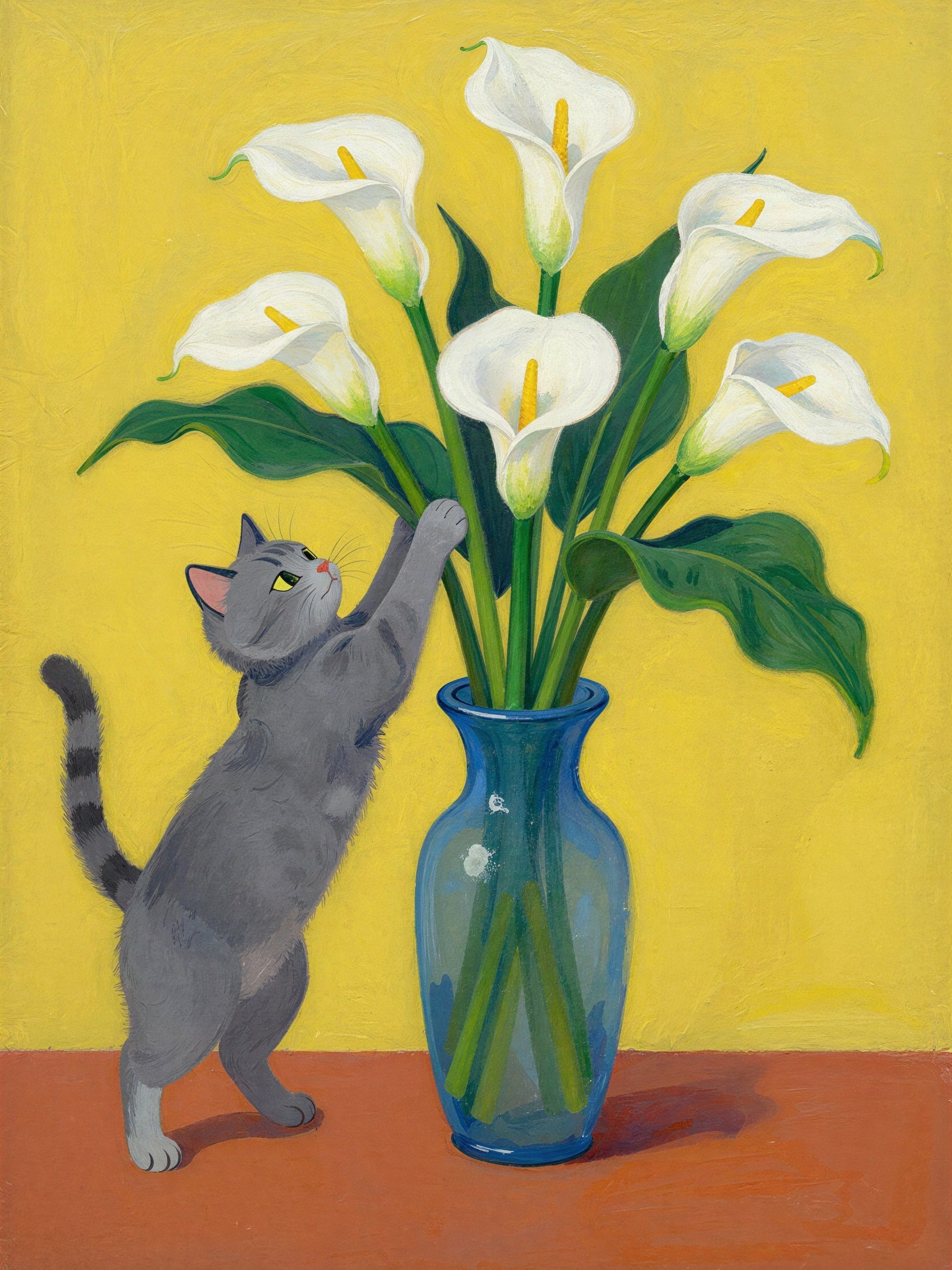 Whimsical Painting of Cat and Blue Vase with Lilies
