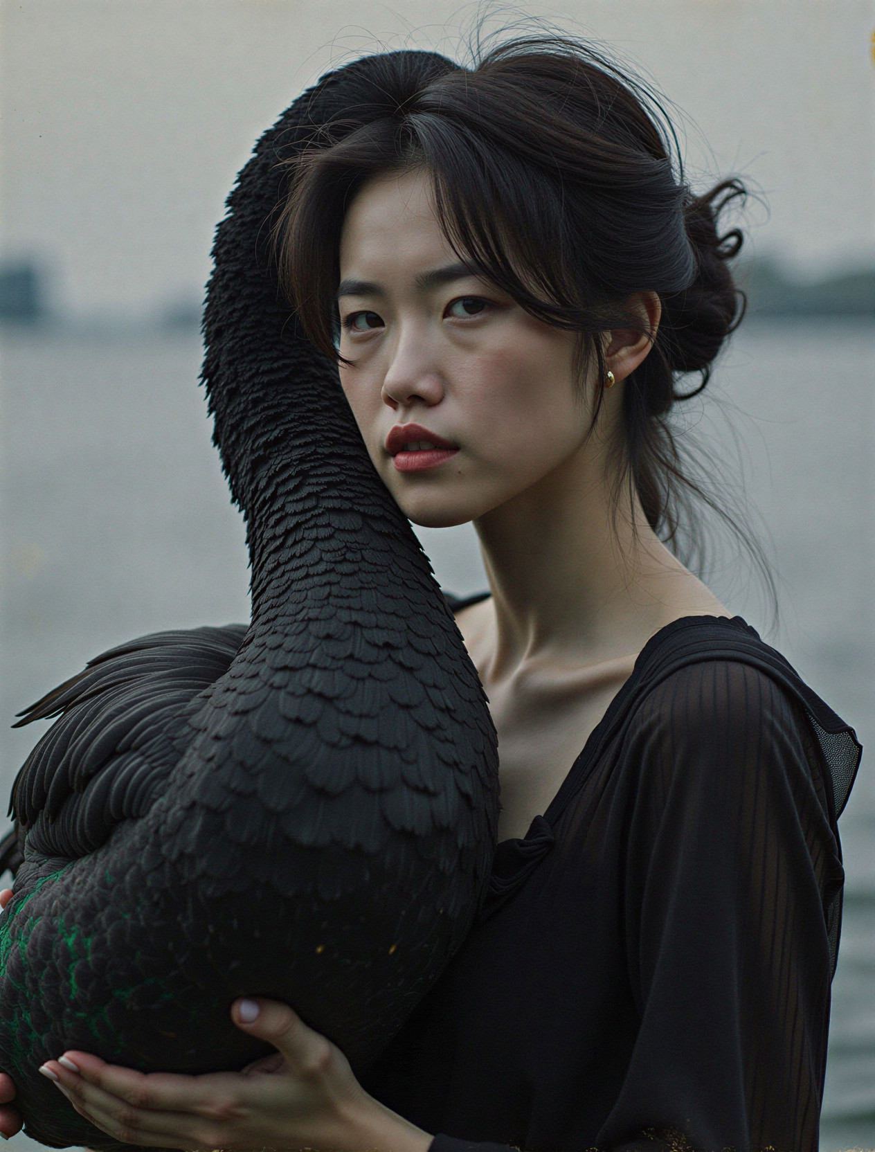 Woman with Black Swan by Water in Elegant Attire