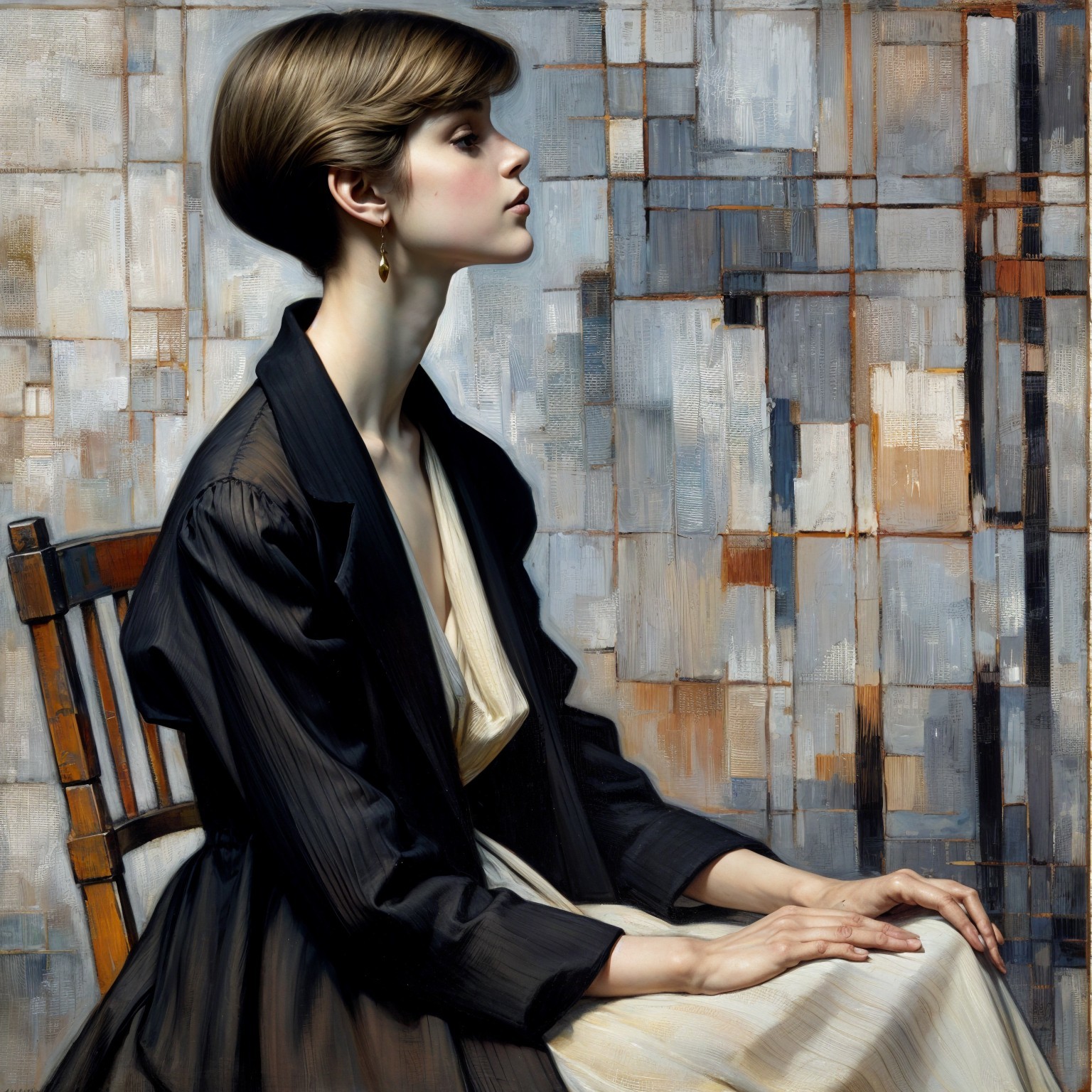 Young woman in elegant dress with geometric background