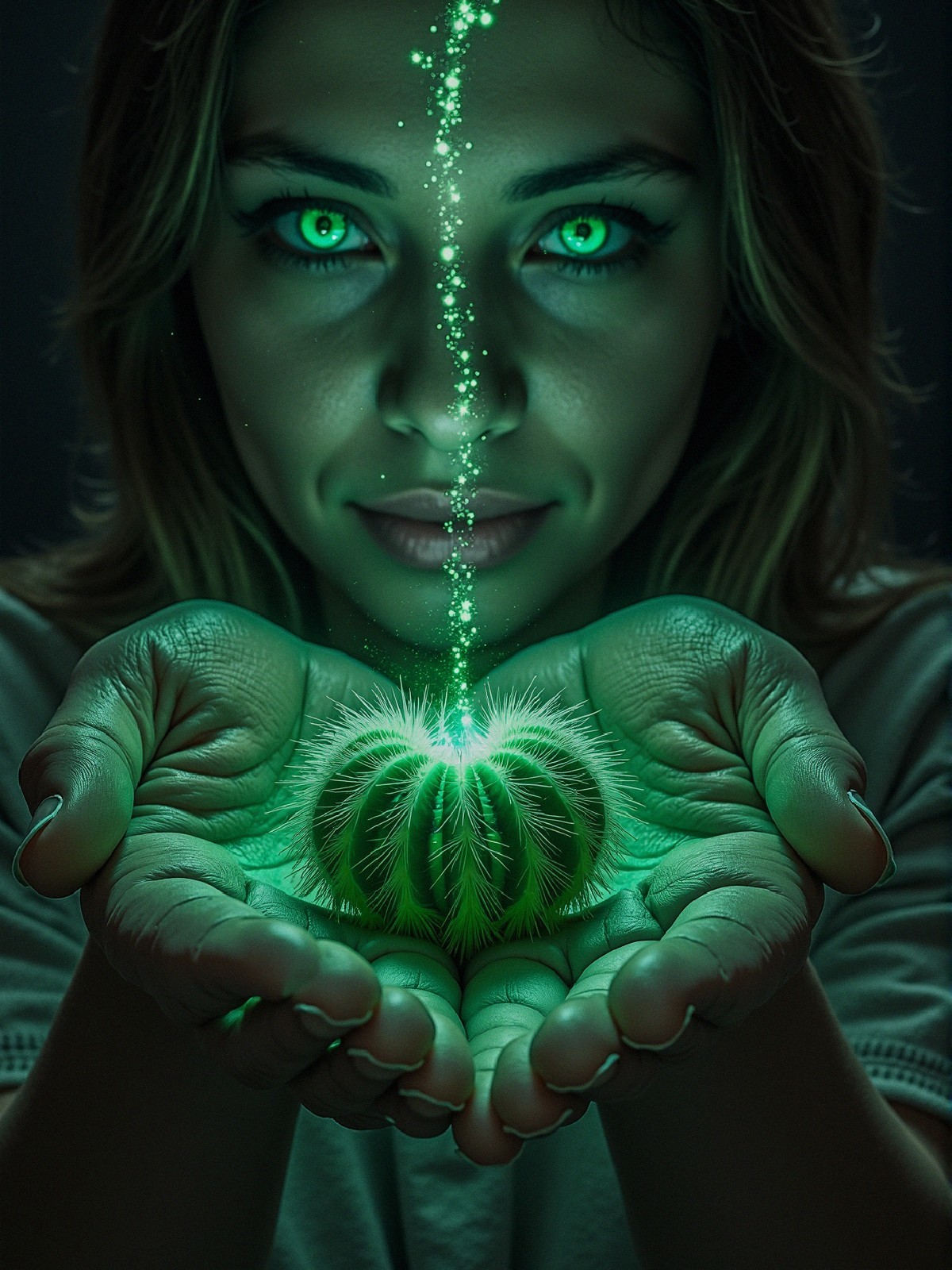 Woman Holding Glowing Cactus in Mystical Setting