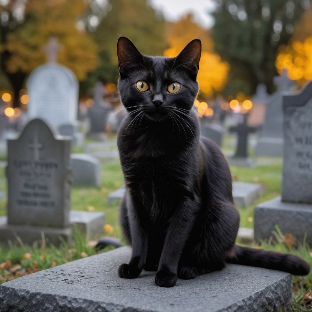 Black Cat on Gravestone in Serene Cemetery Setting