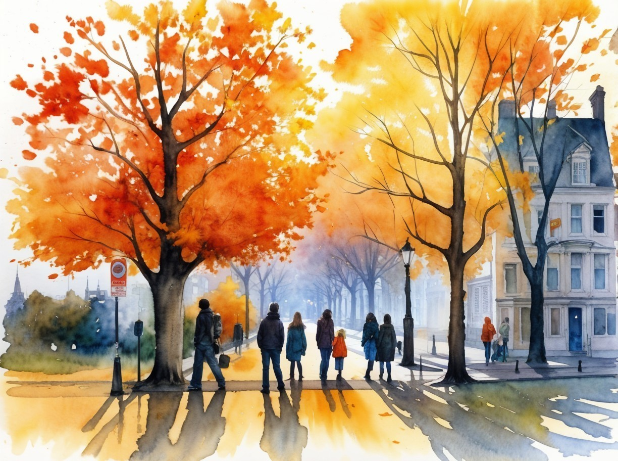 Autumn Scene with Trees, Figures, and Misty Pathway