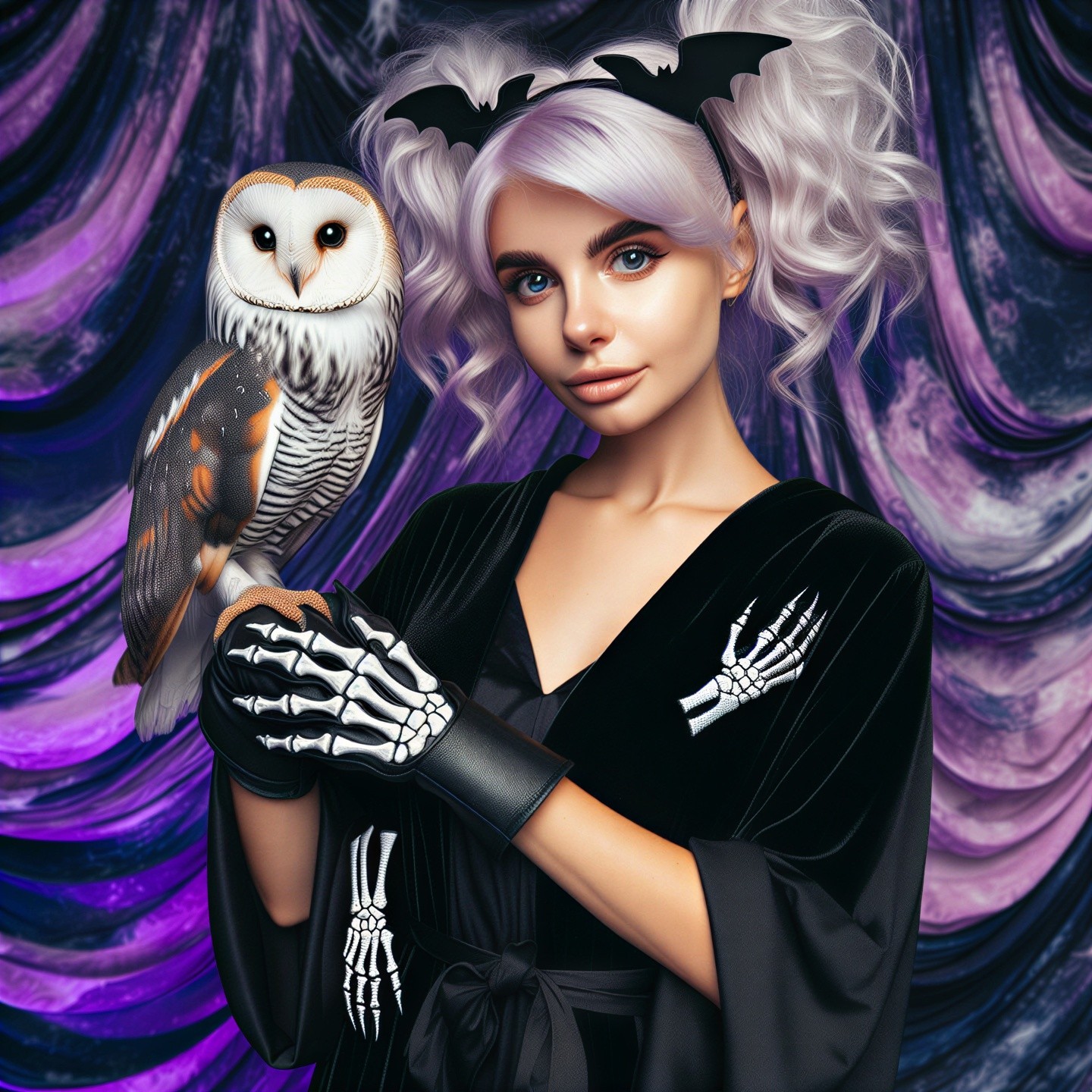 Young woman with owl in black robe and bat headband