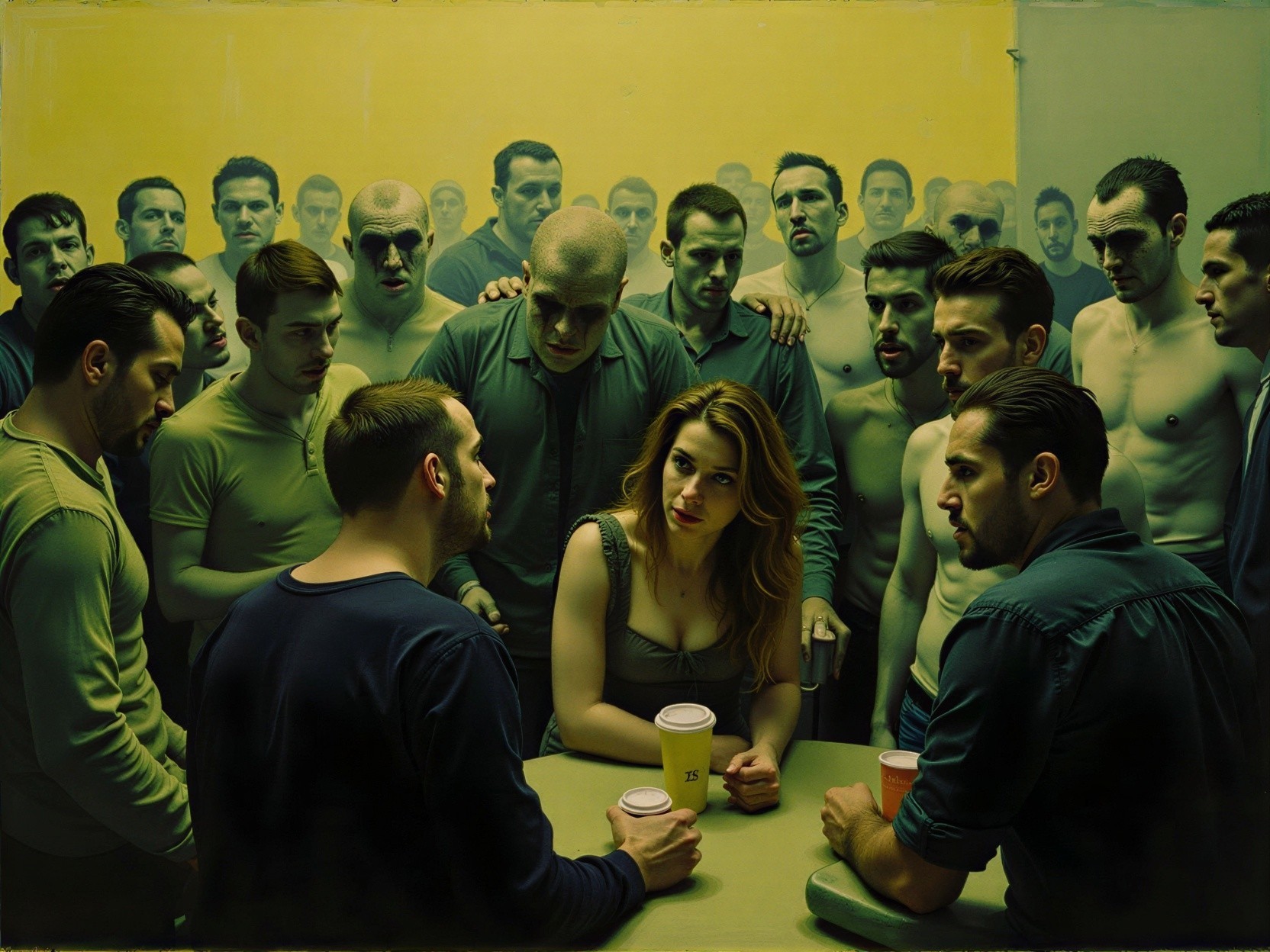 Tense Gathering of a Woman Surrounded by Men