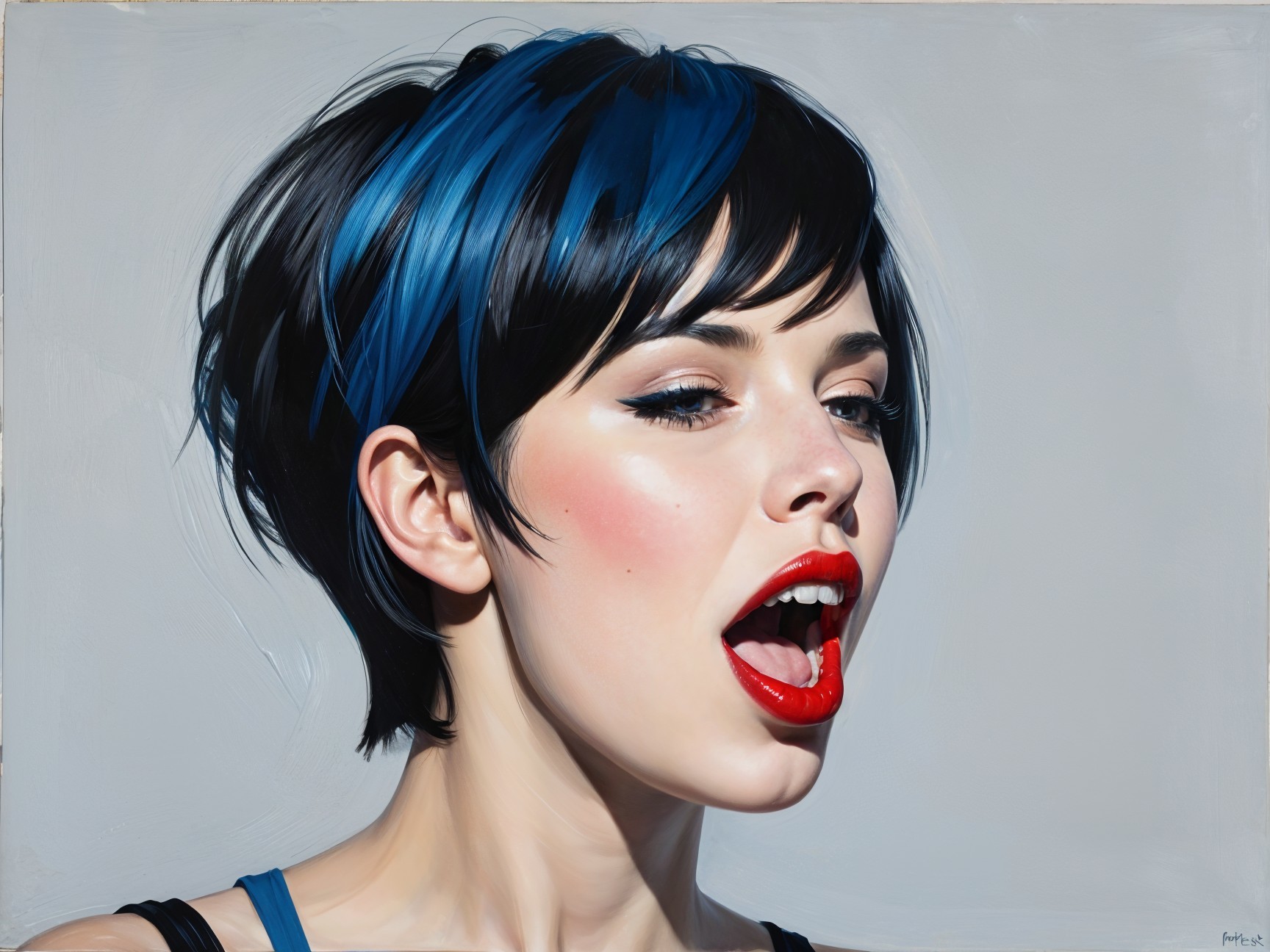 Portrait of a Young Woman with Black and Blue Hair