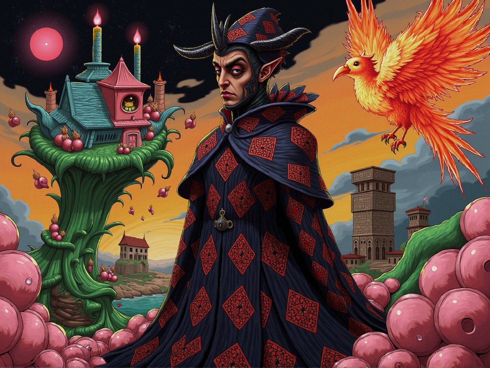 Dark Whimsical Scene with Cloaked Figure and Phoenix