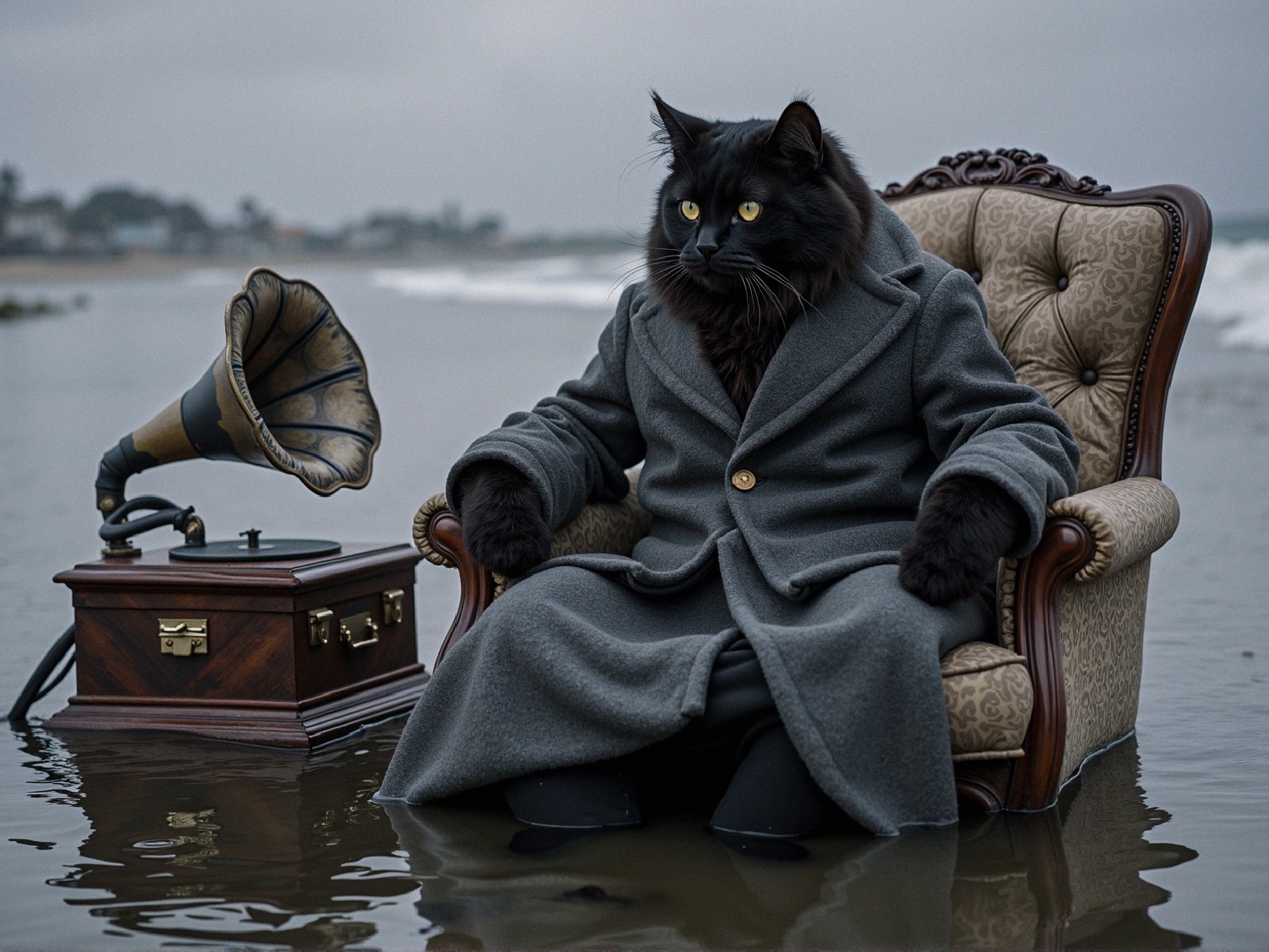 Anthropomorphic black cat in armchair by the beach