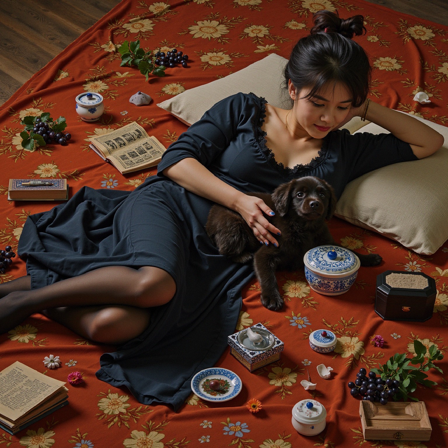 Cozy Indoor Scene with Woman, Puppy, and Antiques