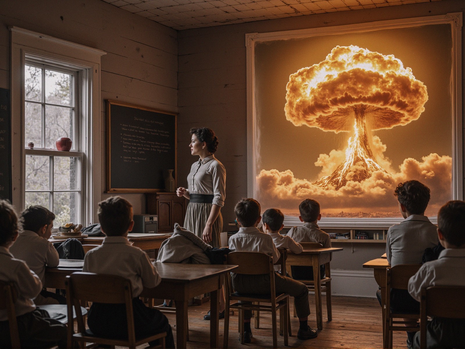 Vintage Classroom with Mural of Nuclear Explosion