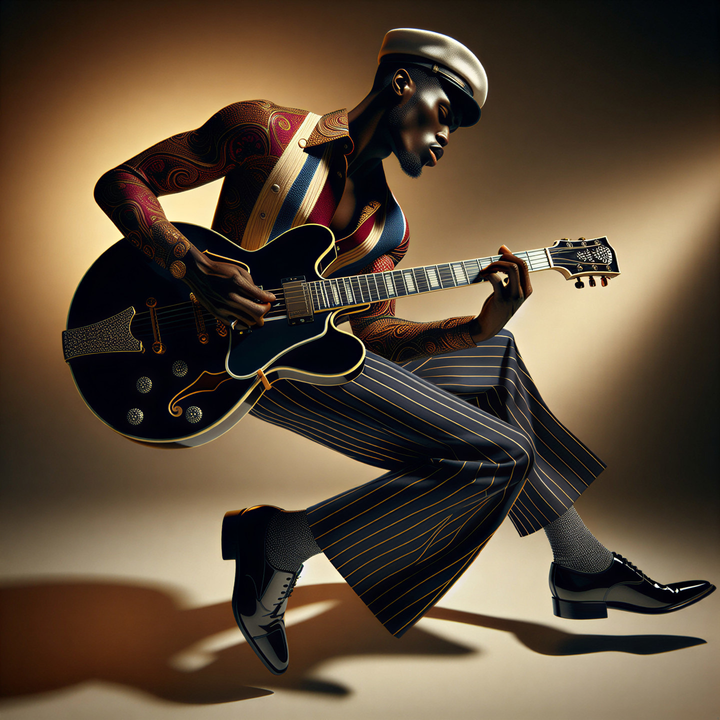 Stylish Musician Playing Electric Guitar in Dramatic Light