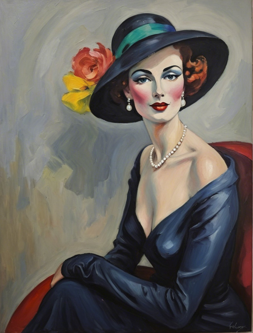 Glamorous Woman in Elegant Navy Dress and Hat