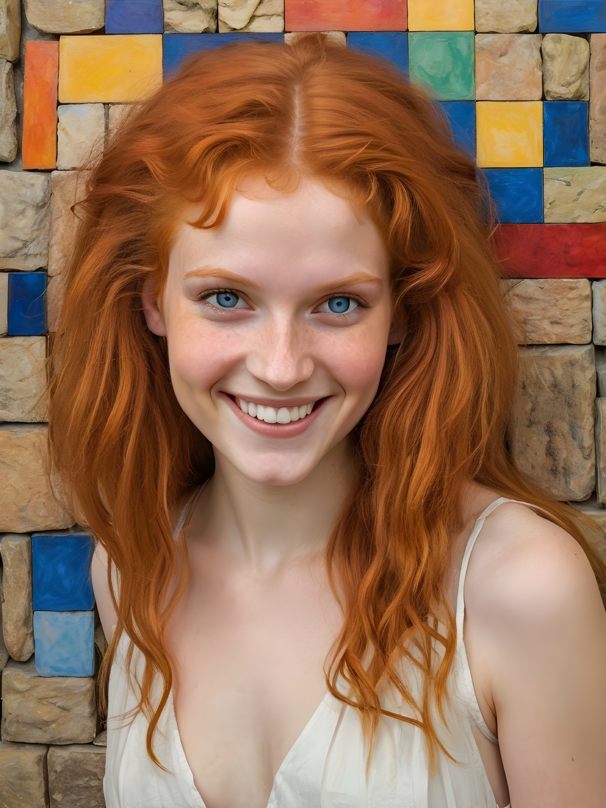 Young woman with red hair and blue eyes against colorful wall