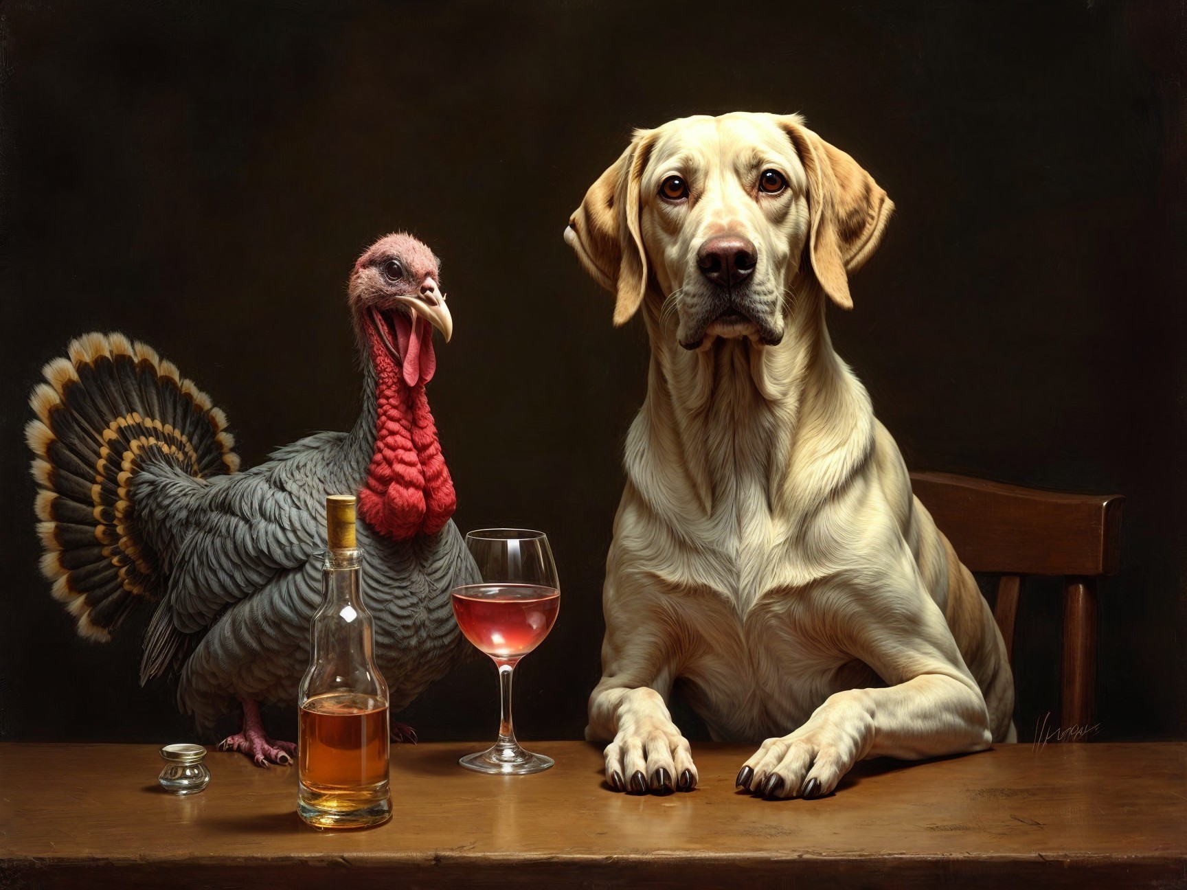 Labrador and turkey at a table with pink wine