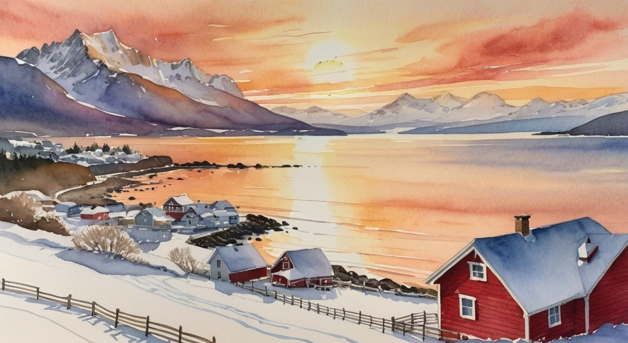 Winter Coastal Village at Sunset with Snowy Landscape