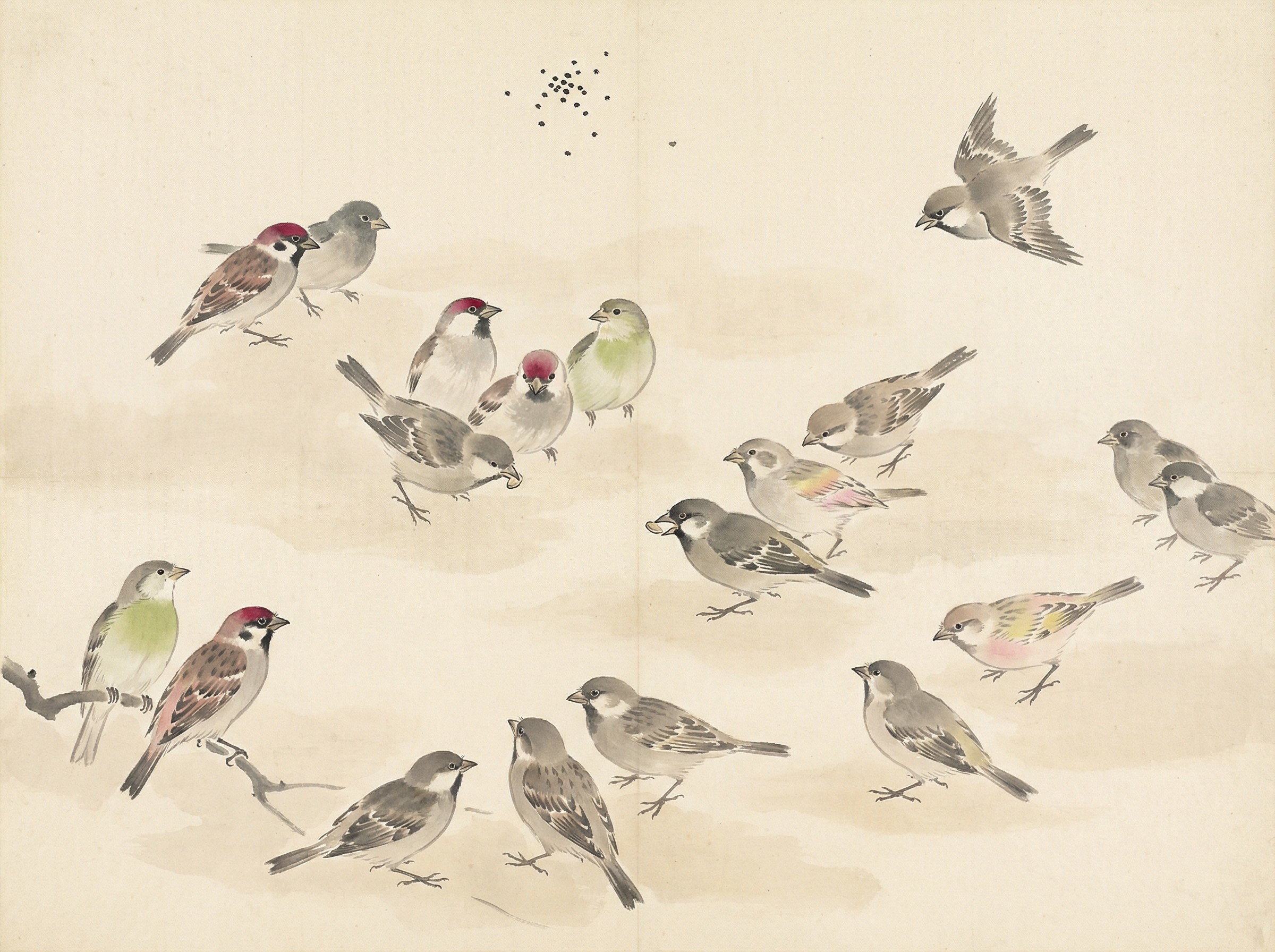 Watercolor Painting of Sparrows in Various Poses