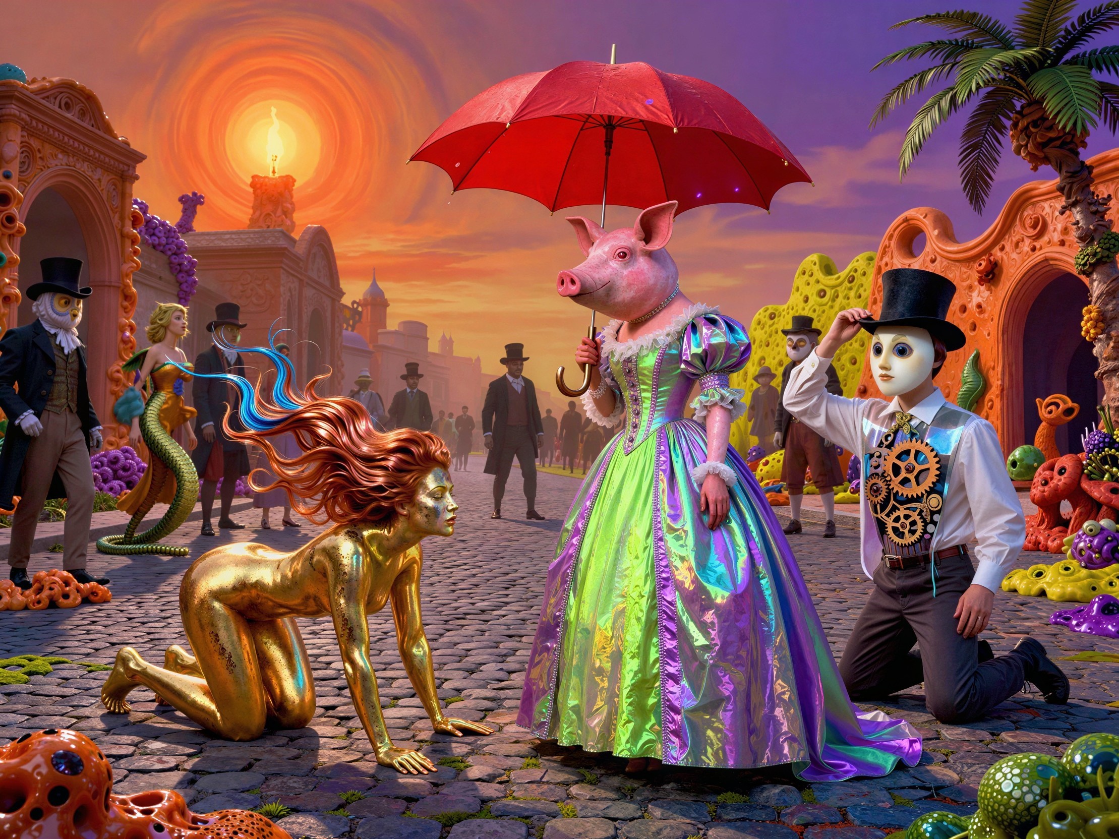 Surreal Painting of Fantasy Scene with Unique Characters