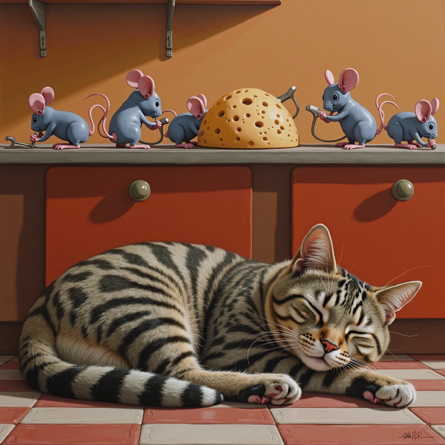 Striped Cat Sleeps While Mice Work on Cheese Wheel