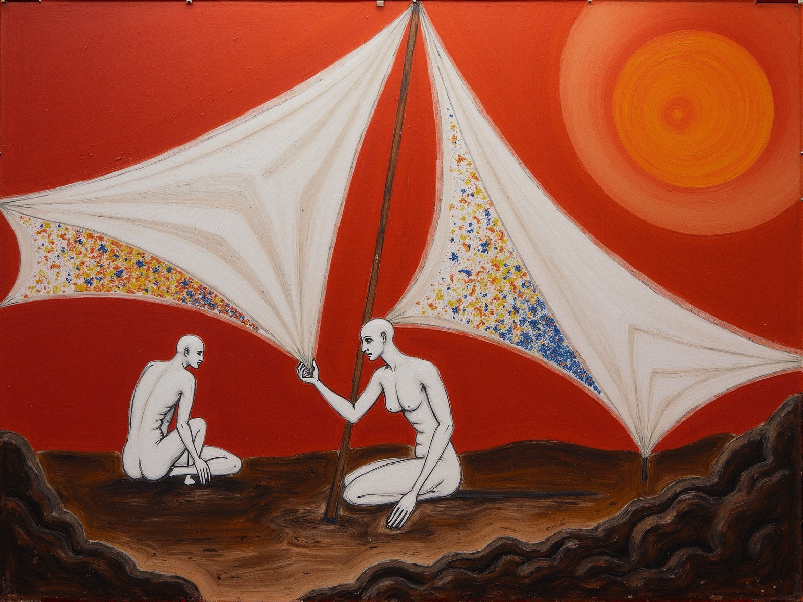 Naive art painting of two nude figures in landscape