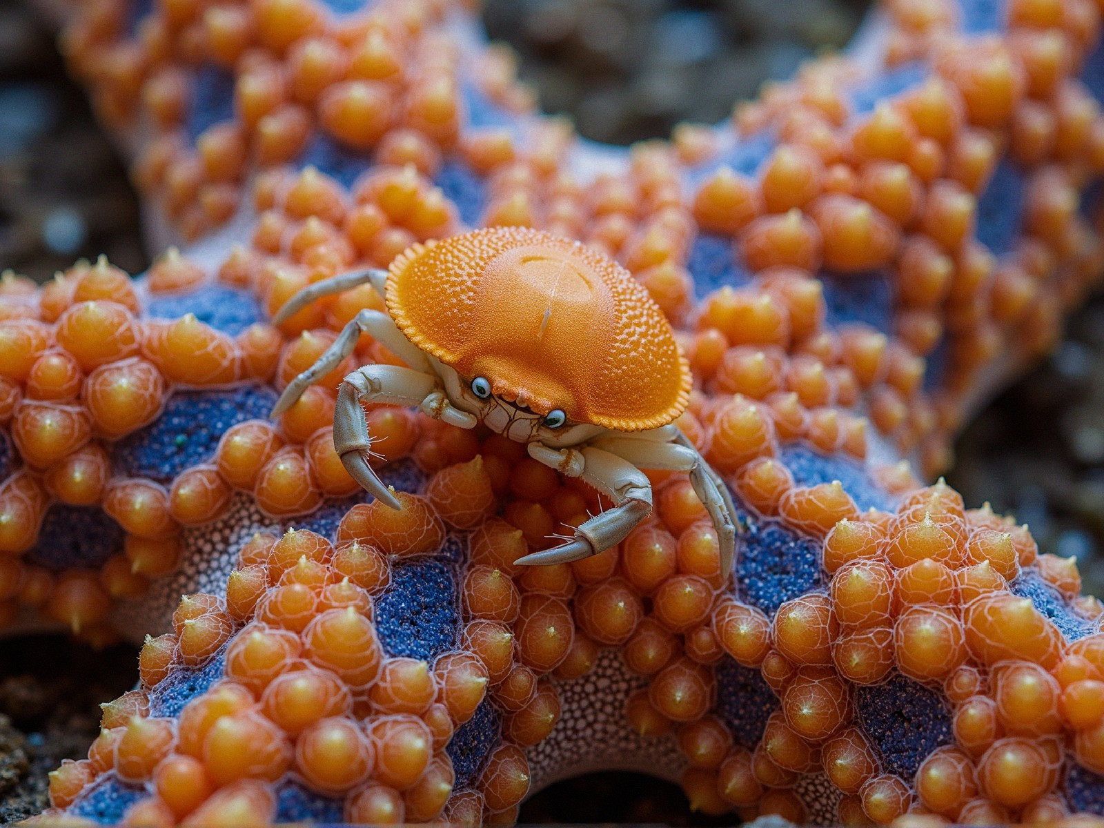 Close-up of Orange Crab on Colorful Starfish